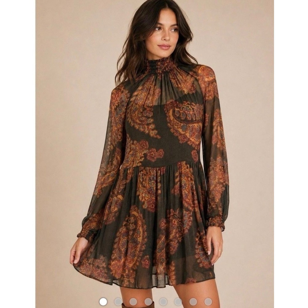 Free People Boho Sheer Paisley Smocked High Neck Mini Dress Long Sleeve